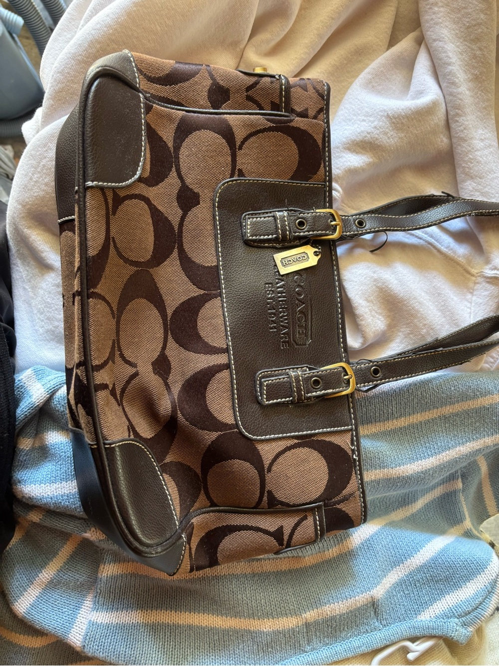 Coach Brown Signature Canvas Tote with Dark Brown Leather Trim